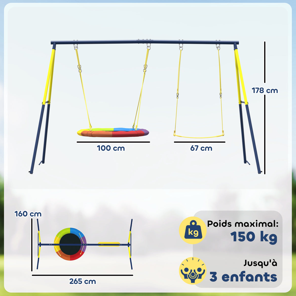 Balançoire portique pour enfant avec double balancelles, cordes réglables, cadre en acier, pour 3-8 ans, multicolore-2