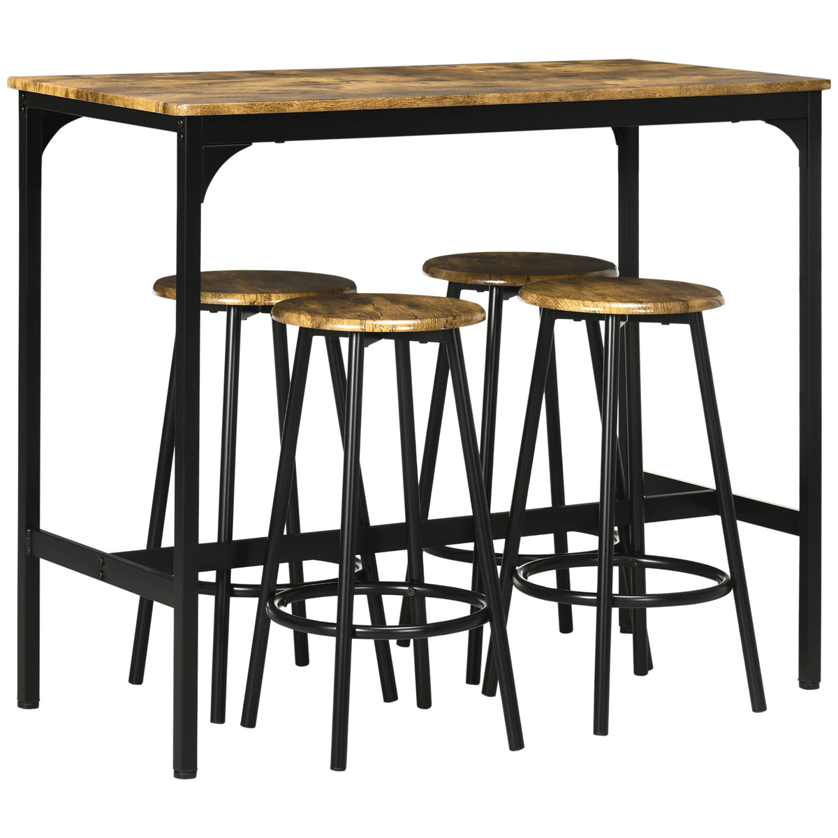 Ensemble table haute et 4 tabourets avec Repose-Pieds, métal noir et aspect bois pour cuisine salle à manger-0