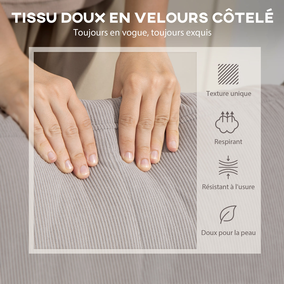Canapé d'angle réversible en velours côtelé, canapé 3 places avec méridienne, cadre en acier, 192x137x84cm, gris clair-5