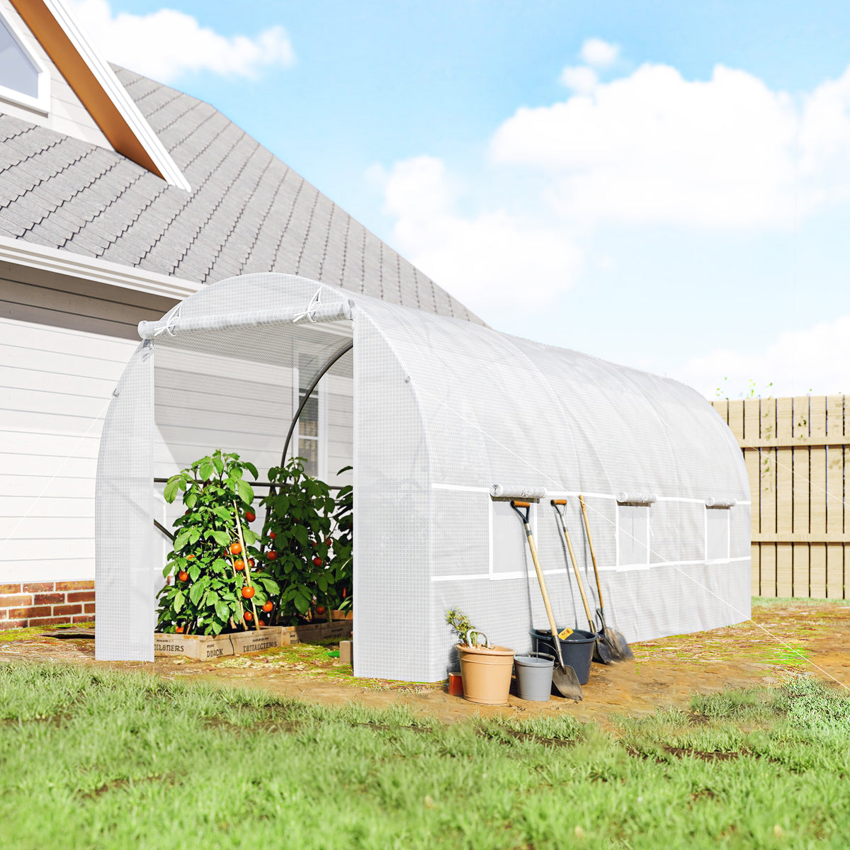 Serre tunnel de jardin 9m², serre de jardin tunnel avec porte et 6 fenêtres, bâche PE 140 g/m² 445 x 200 x 200 cm blanc-1