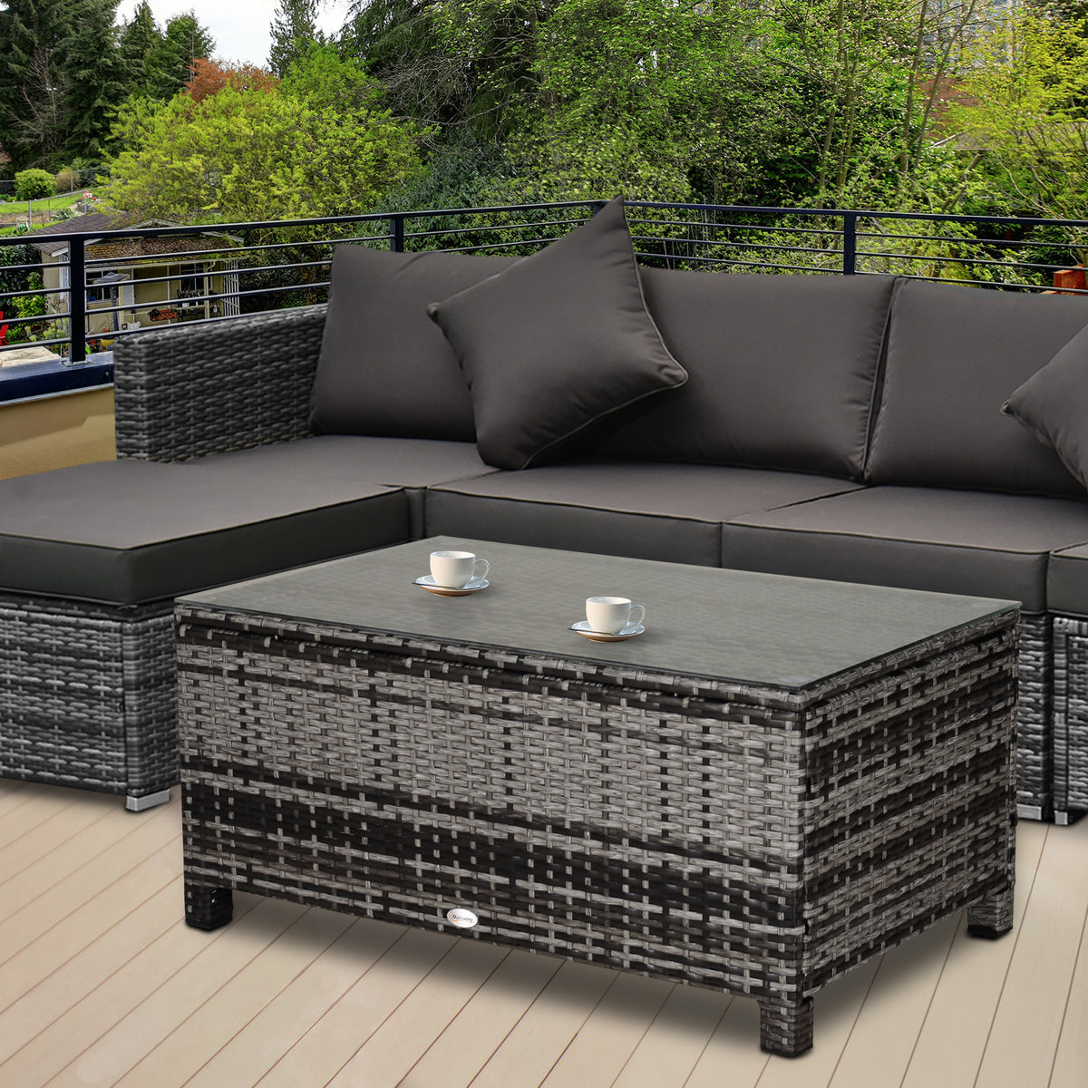 Table Basse de Jardin Plateau Verre trempé 5 mm rotin tressé 85 x 50 x 39cm Max. 70 kg gris-1