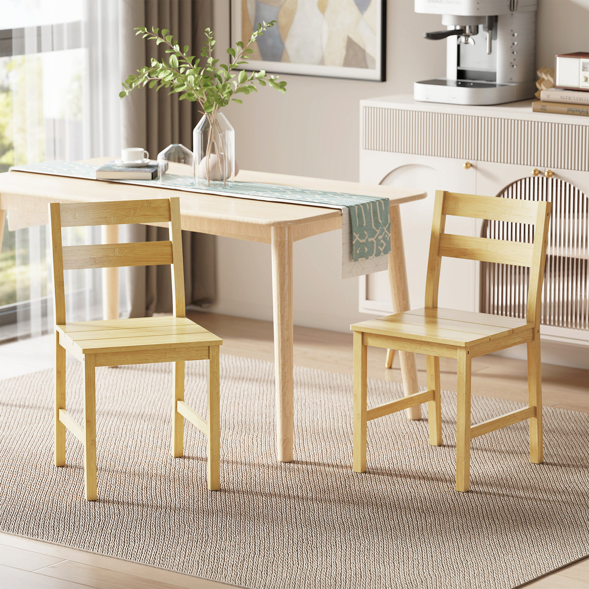 Lot de 2 chaises de salle à manger en bambou, chaises de cuisine sans accoudoirs avec assise à lattes, bois naturel-9