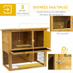 Clapier à lapin en bois 2 étages avec 3 portes plateau coulissant rampe toit bitumé 85 x 50 x 80 cm jaune-3