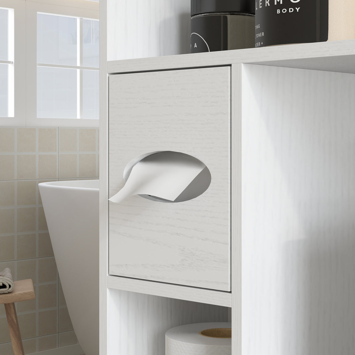Meuble WC dessus de toilette avec placard à porte de grange, étagère réglable, compartiments et porte-papier, blanc-8