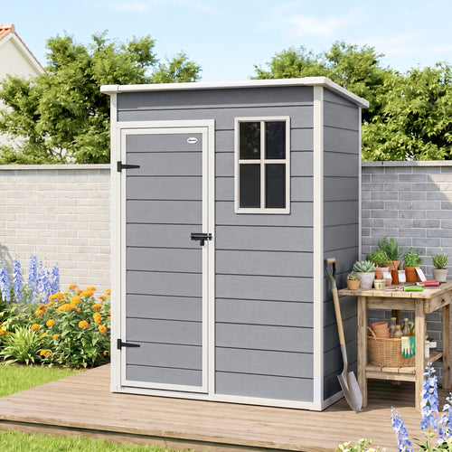 Abri de jardin 1,14 m² pour outils - porte verrouillable, aération et fenêtre - dim. 151L x 92l x 193H cm - plastique, gris-1