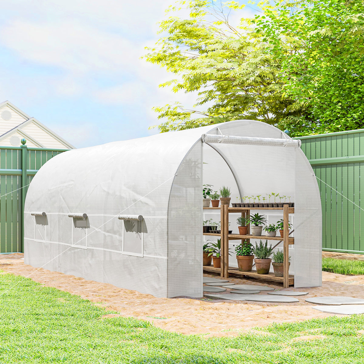 Serre tunnel de jardin 9m², serre de jardin tunnel avec porte et 6 fenêtres, bâche PE 140 g/m² 445 x 200 x 200 cm blanc-9