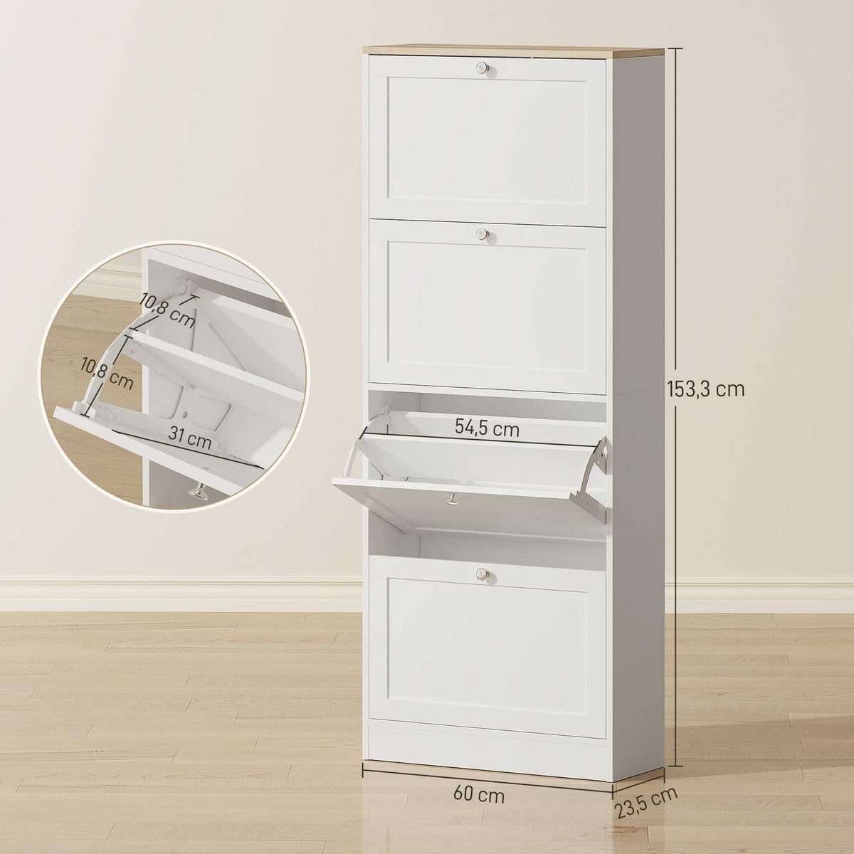 Meuble à chaussures 24 paires, armoire à chaussures avec 4 tiroirs rabattables, étagères réglables, 60x23,5x153cm, blanc-2