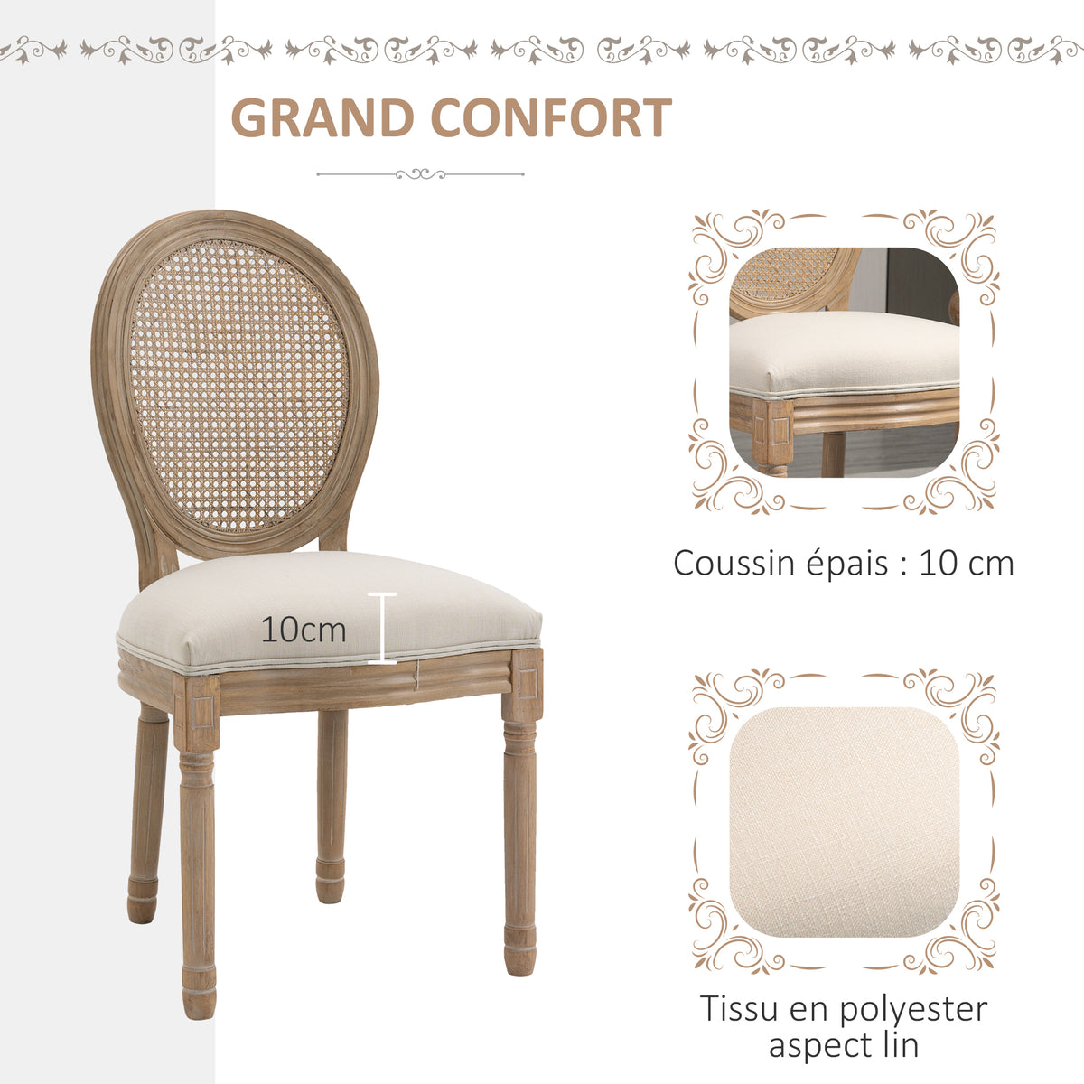 Lot de 4 chaises de Salle à Manger - Chaise de Salon médaillon Style Louis XVI - Bois Massif sculpté, patiné-4
