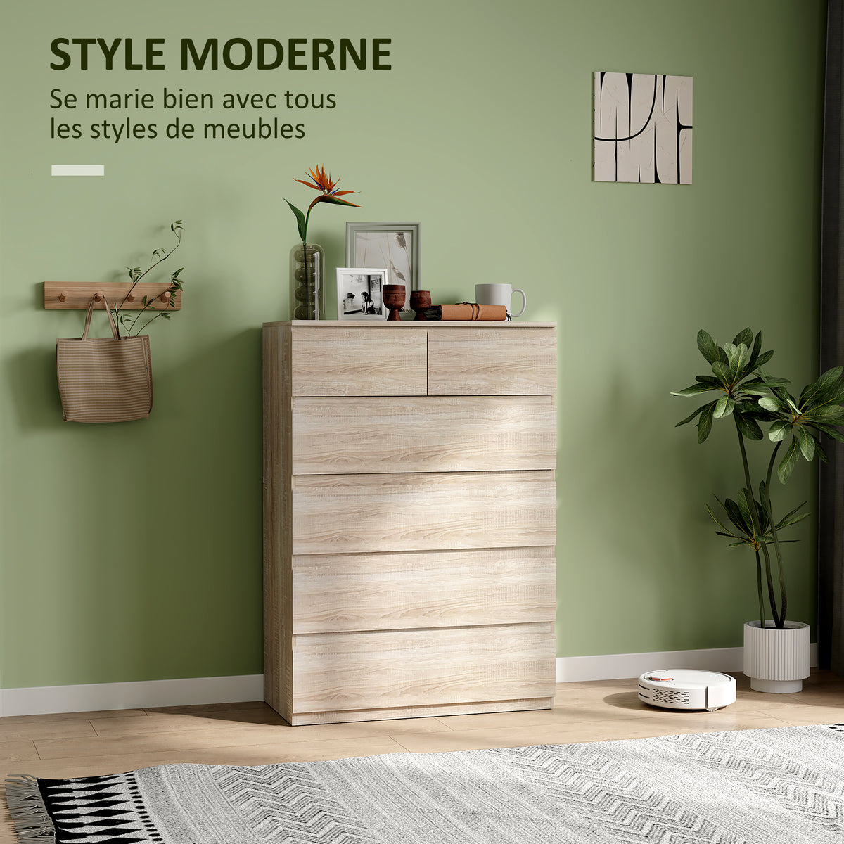 Commode 6 tiroirs meuble de rangement sans poignées design minimaliste 80 x 39 x 115 cm bois naturel-3