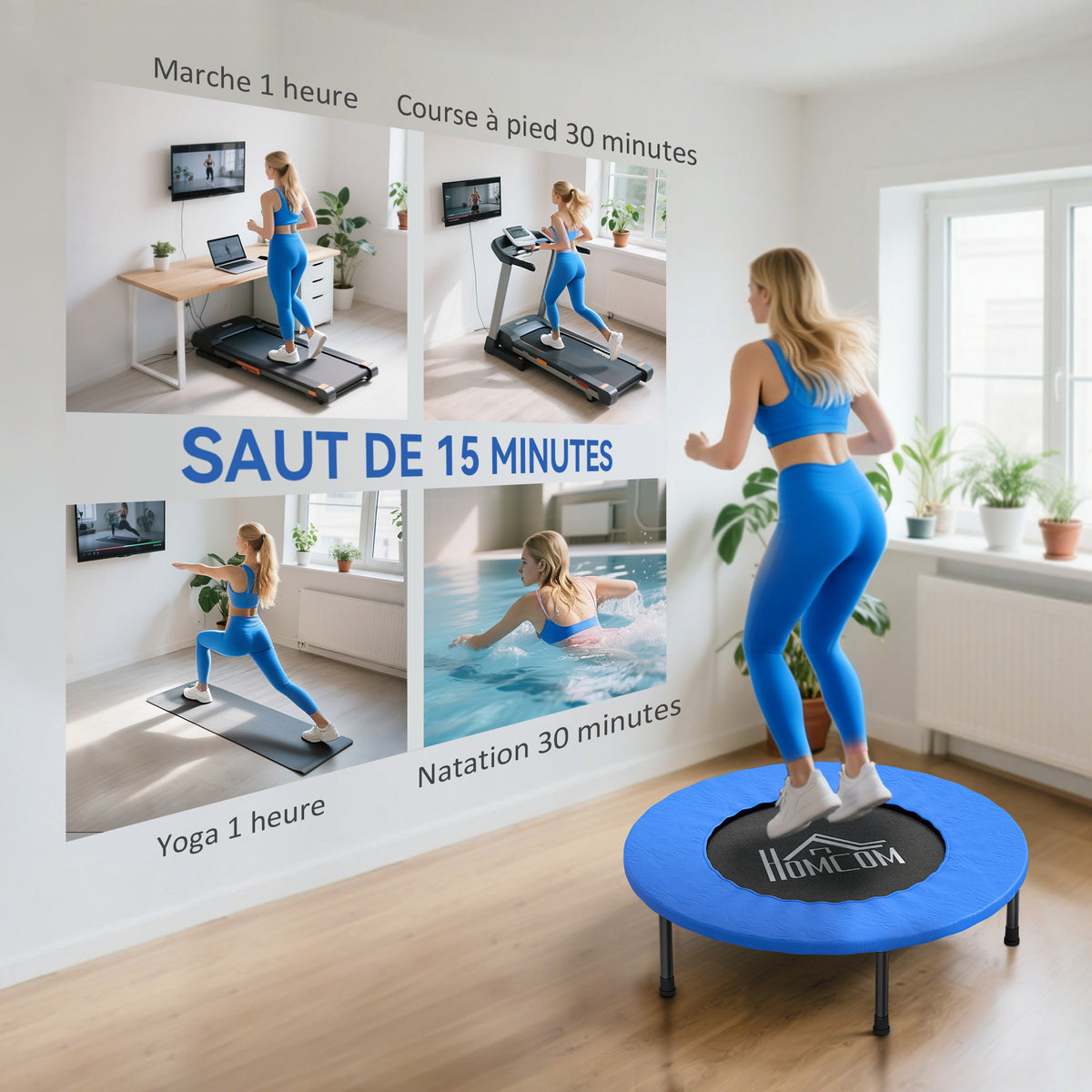 Mini trampoline de fitness, trampoline d'exercice avec pieds antidérapants, charge 100 kg, Ø 81 x 22,5 cm, bleu et noir-4