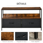 Meuble TV Bas sur Pieds Style Industriel 2 tiroirs en Tissu Gris MDF Brun Rustique et métal Noir-5
