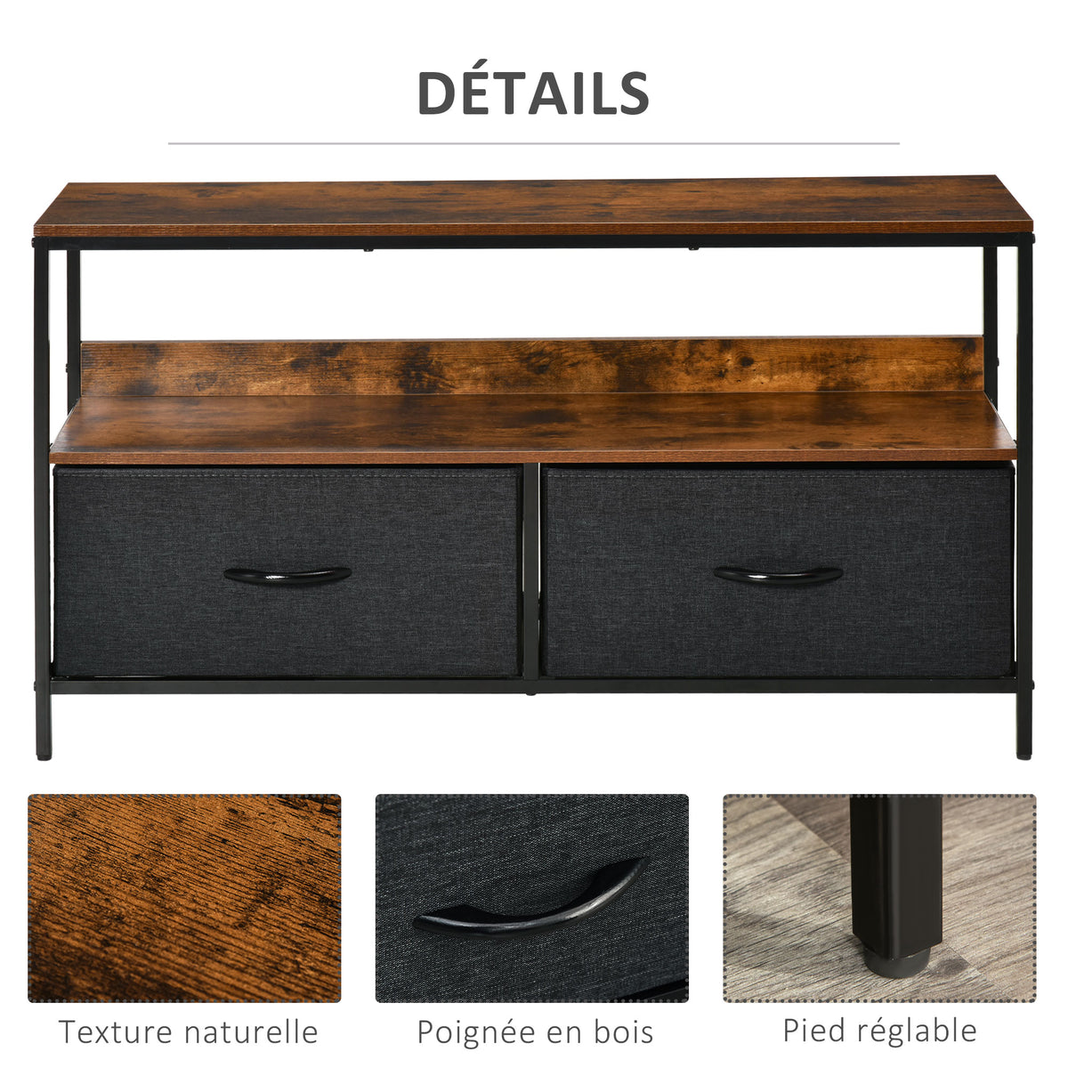 Meuble TV Bas sur Pieds Style Industriel 2 tiroirs en Tissu Gris MDF Brun Rustique et métal Noir-5