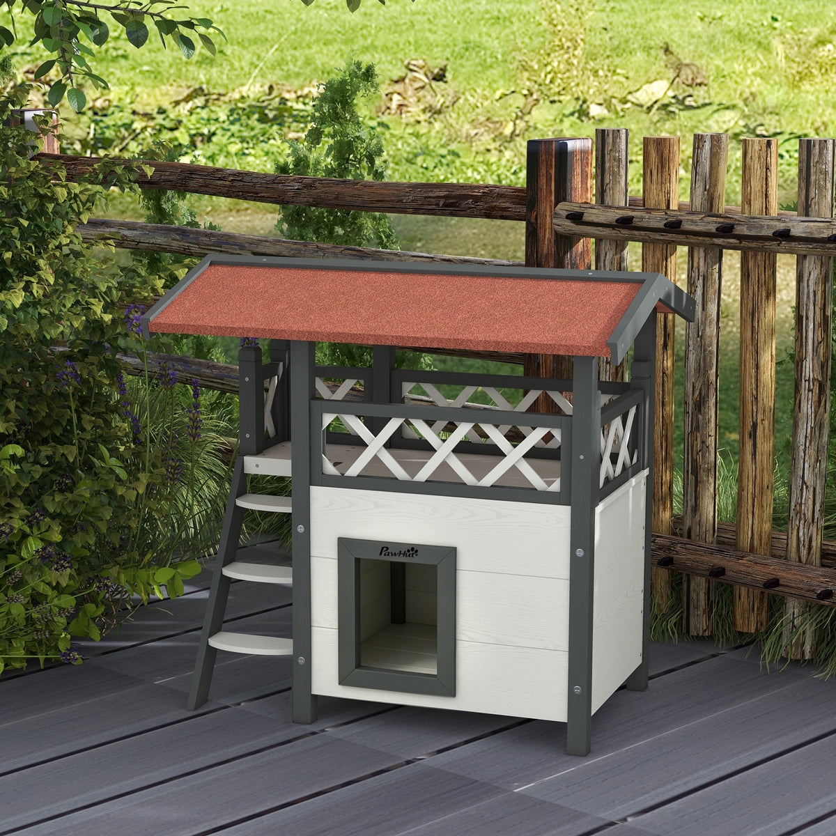 Cabane Chat Extérieur avec Terrasse, Escalier, Toit, Niche Villa, 77 x 50 x 73 cm Blanc et Rouge-1