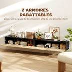 Meuble TV suspendu 140cm, meuble télé pour téléviseur 72 pouces, 2 portes rabattables, 140x25x22cm, bois naturel et noir-4
