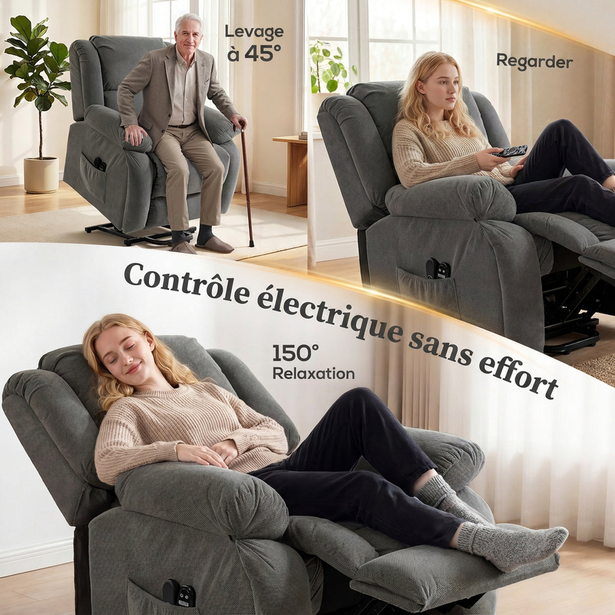 Fauteuil releveur électrique massage et chauffage avec repose-pied, dossier inclinable, télécommande et poche latérale-4