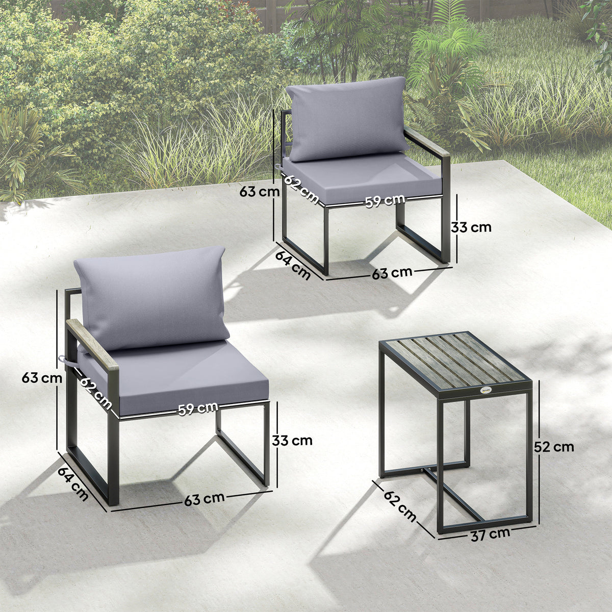 Salon de jardin 3 pièces coussins 14cm et accoudoirs en composite bois-plastique 2 fauteuils et table d'appoint gris-2