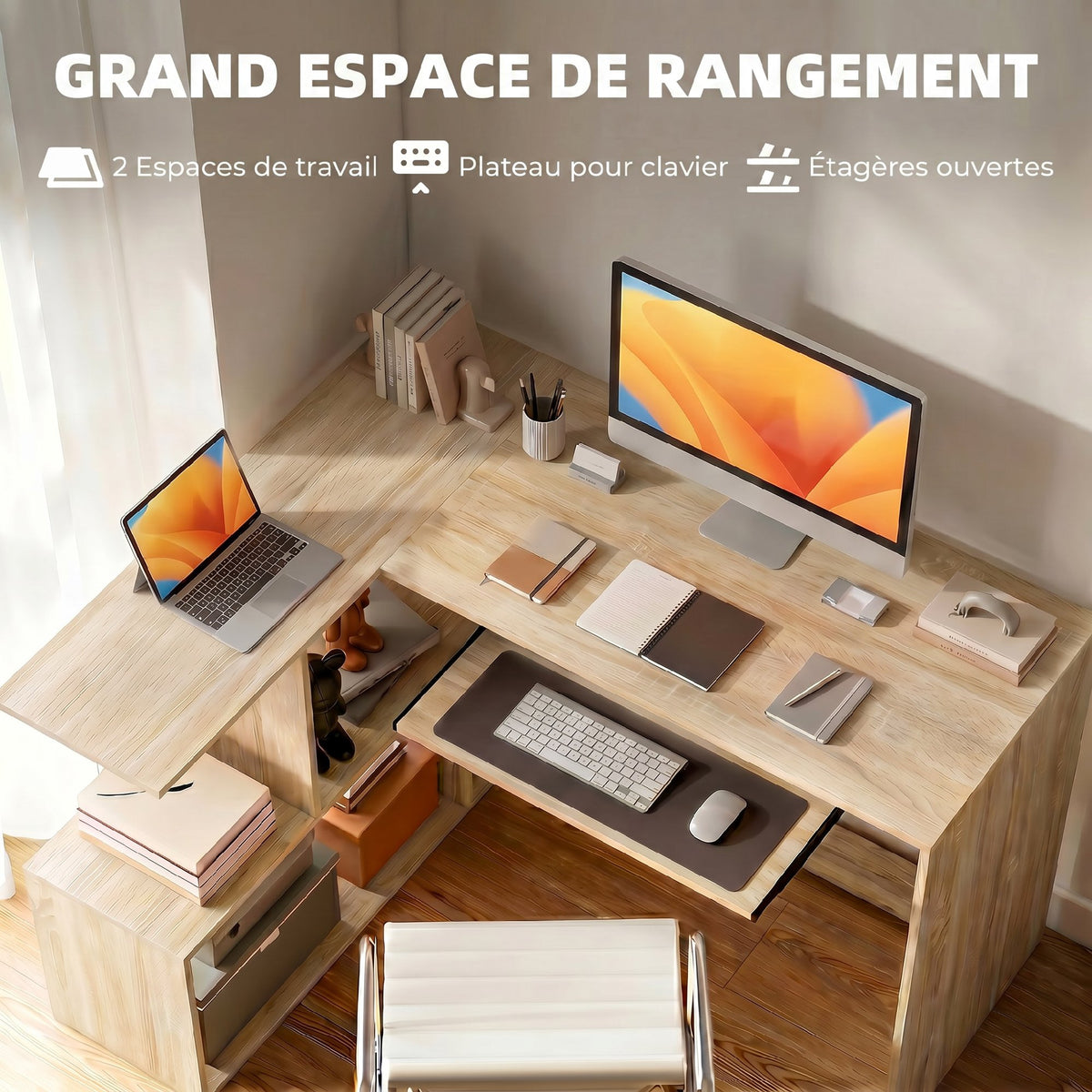 Bureau d'Angle, 120 x 100 x 76 cm, Bureau Informatique en L avec Plateau de Clavier, 4 Compartiments Ouverts, Naturel-3