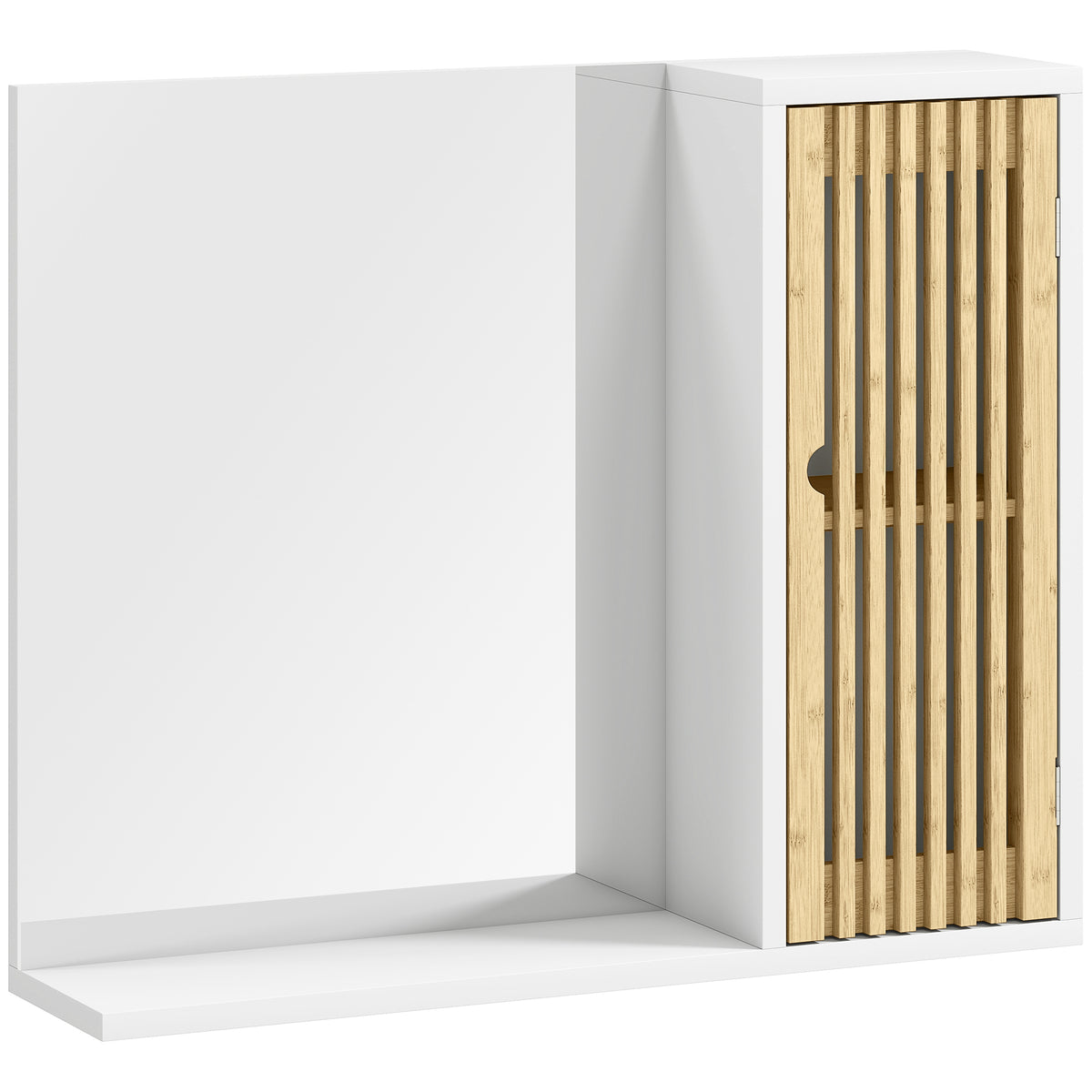 Armoire de salle de bain avec miroir, étagère, porte à lattes en bambou et étagère réglable, blanc-0