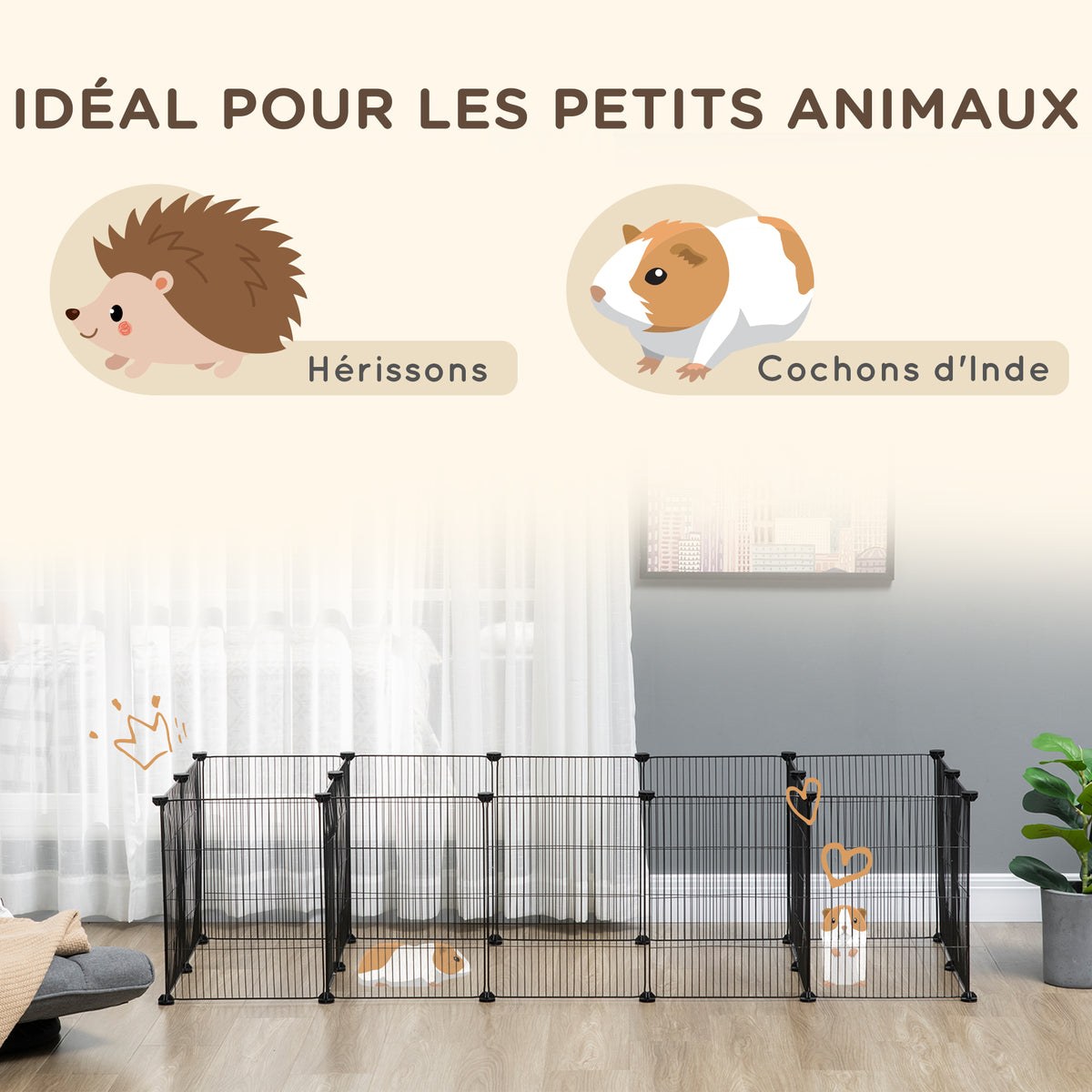 Enclos parc modulable pour petits animaux lapins rongeurs chiots 18 panneaux en fil d'acier 2 portes 175 x 70 x 45 noir-3