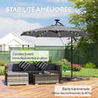 Parasol Déporté Parasol de Jardin LED Solaire 32 Lampes LED Manivelle UV 50+ et Housse de Protection Ø 295cm Gris-5