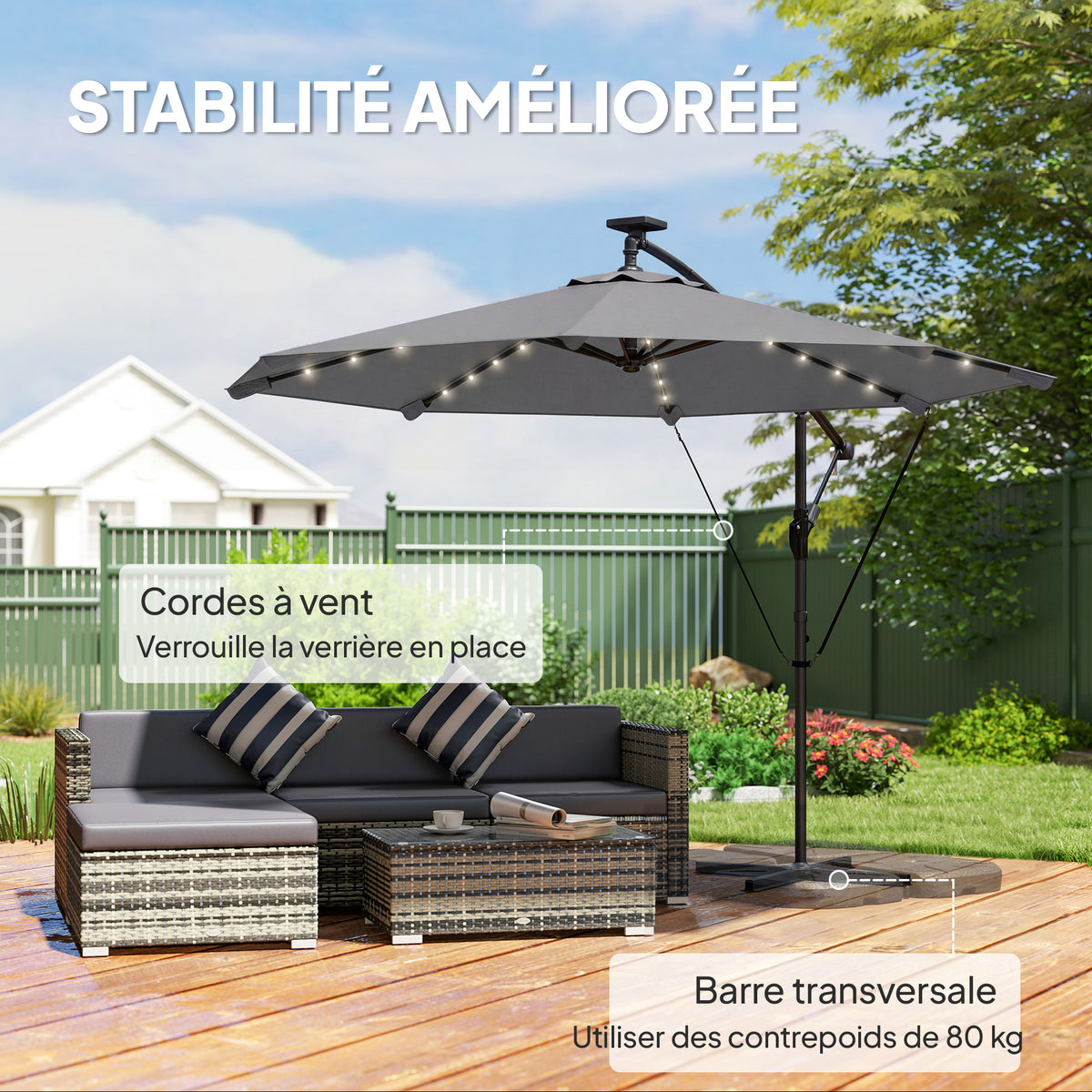 Parasol Déporté Parasol de Jardin LED Solaire 32 Lampes LED Manivelle UV 50+ et Housse de Protection Ø 295cm Gris-5