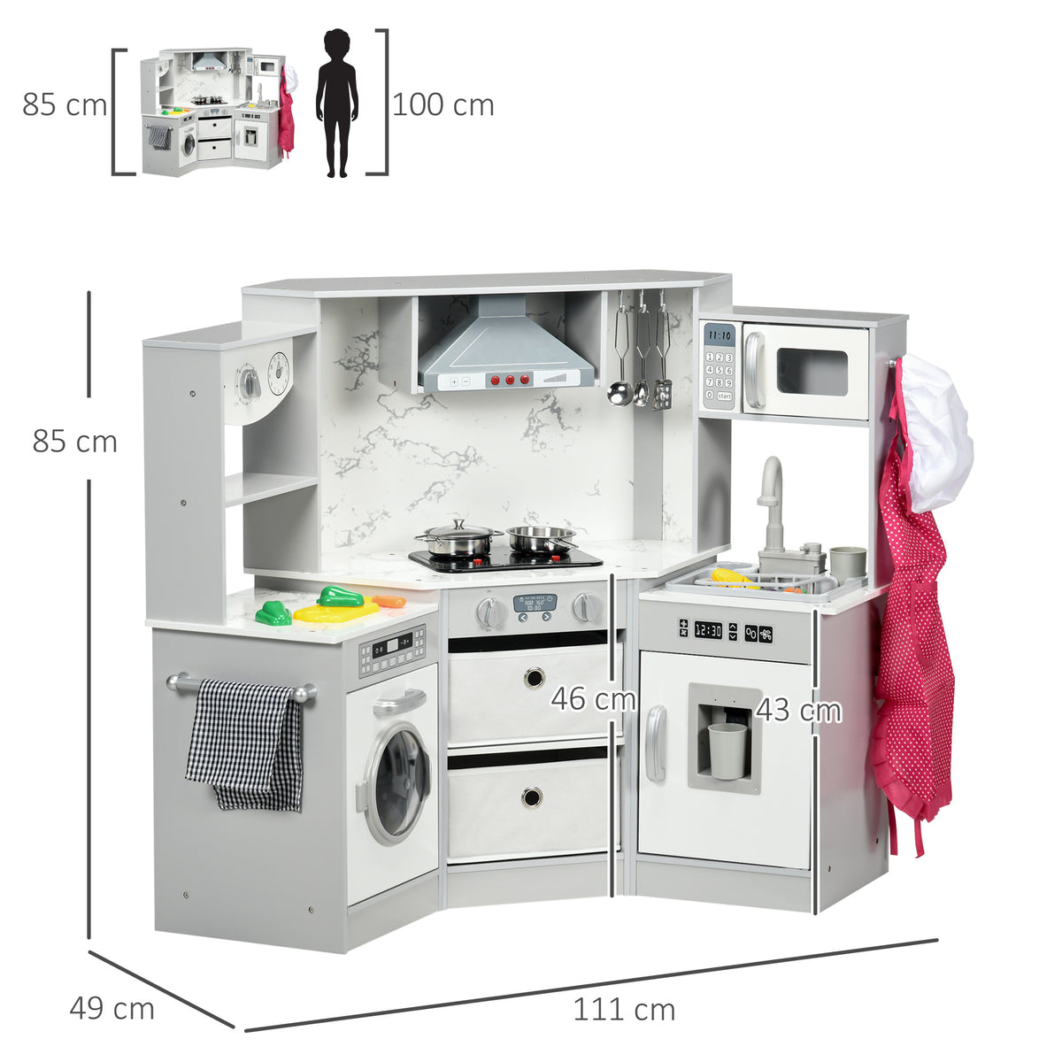 Cuisine enfant en bois avec 17 accessoires légumes en plastique boutons et lumières toque 3-6 ans gris blanc-2