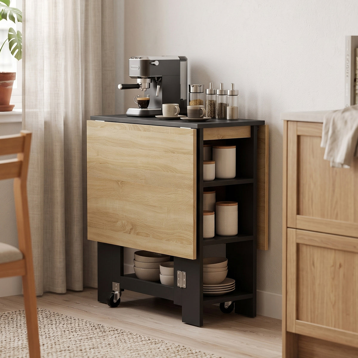 Table à Manger Pliante sur Roulettes, Table de Cuisine pour 2 à 4 Personnes avec Étagères de Rangement, Chêne et Noir-7