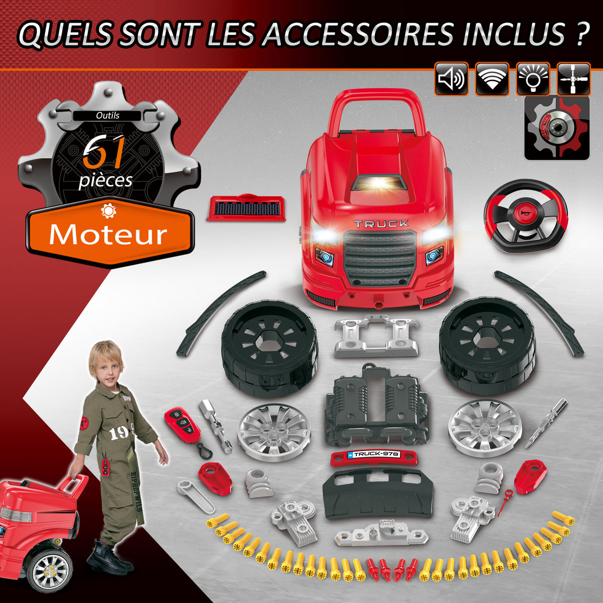 Camion mécano 2 1 - Jouet Bricolage Enfant - Établi - Jeu imitation mécanicien - Nombreux PP ABS Rouge-4
