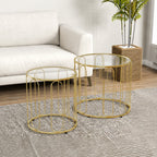 Lot de 2 tables basses gigognes rondes modernes avec cadre en métal et plateau en verre, ton doré-1