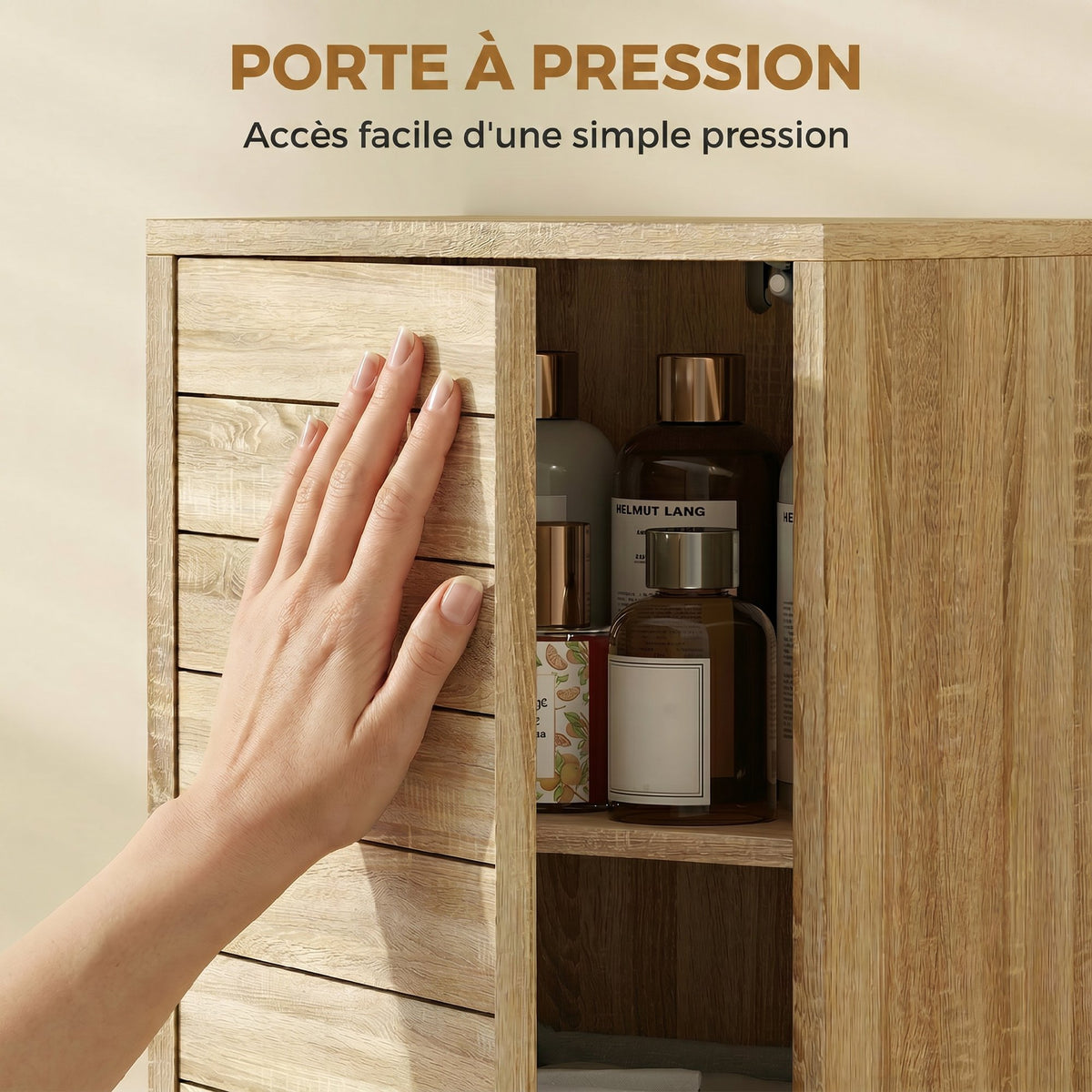 Meuble de Salle de Bain en Bois avec Étagère Réglable et Porte à Lamelles, Ouverture Pression, 34 x 23 x 84 cm, Naturel-6