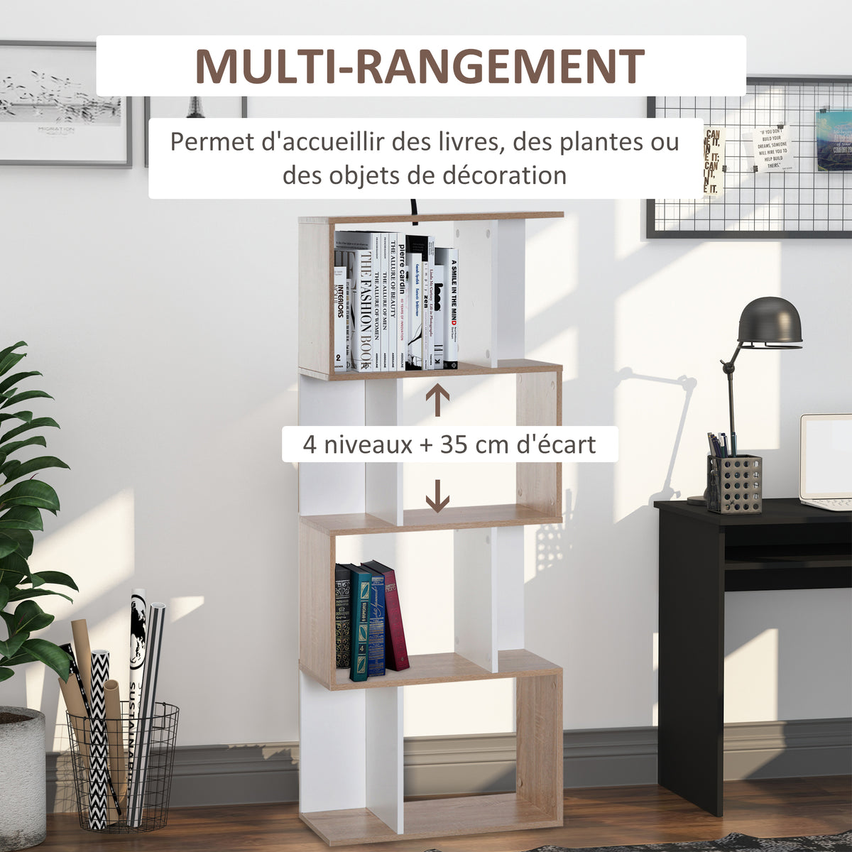 Bibliothèque à 4 niveaux, meuble de rangement en forme de S avec étagères, étagère de rangement pour salon, chambre bureau, 60 x 24 x 148 cm, bois naturel et blanc-3