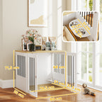 Cage pour chiens, table d'appoint, gamelles amovibles rotatives à 360° 2 portes pour chien moyenne 80x55x71,5cm blanc-2