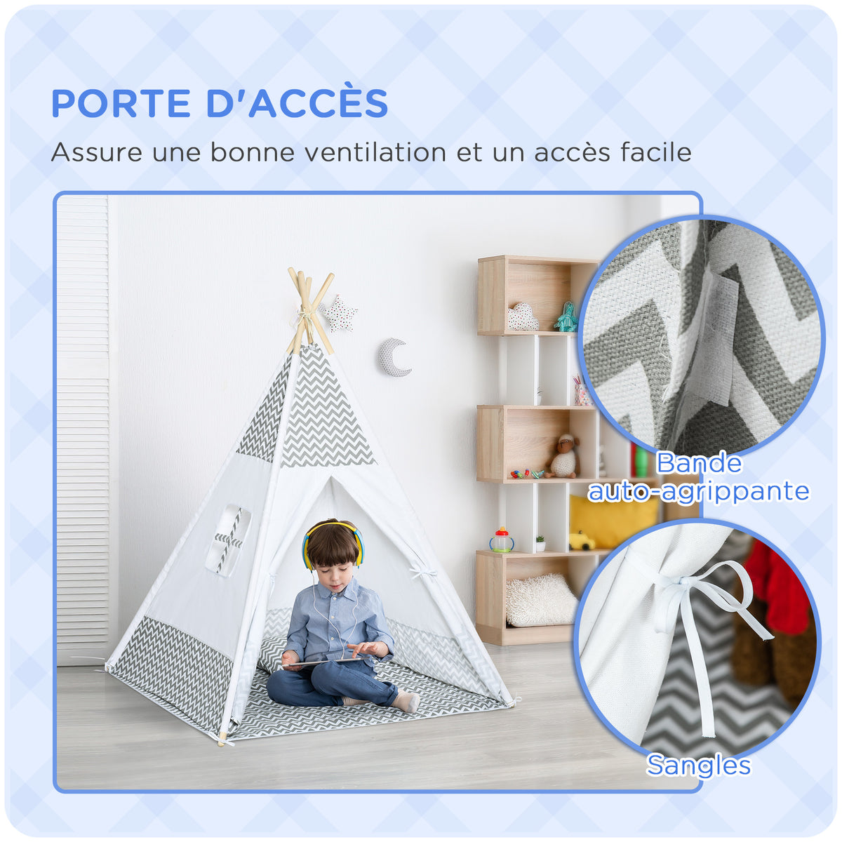Tente Teepee Indien Tente de jeu pour Enfant Style Graphique - dim. 1,2L x 1,2I x 1,55H m - Porte refermable Fenêtre Tapis Coussin Sac Transport Inclus - à l'Intérieur à l'Extérieur Gris Blanc-4