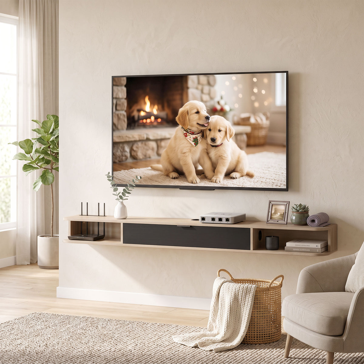 Meuble TV suspendu, meuble télé pour téléviseur jusqu'à 75 pouces, tiroir rabattable 2 étagères 180x24x16cm bois naturel-1