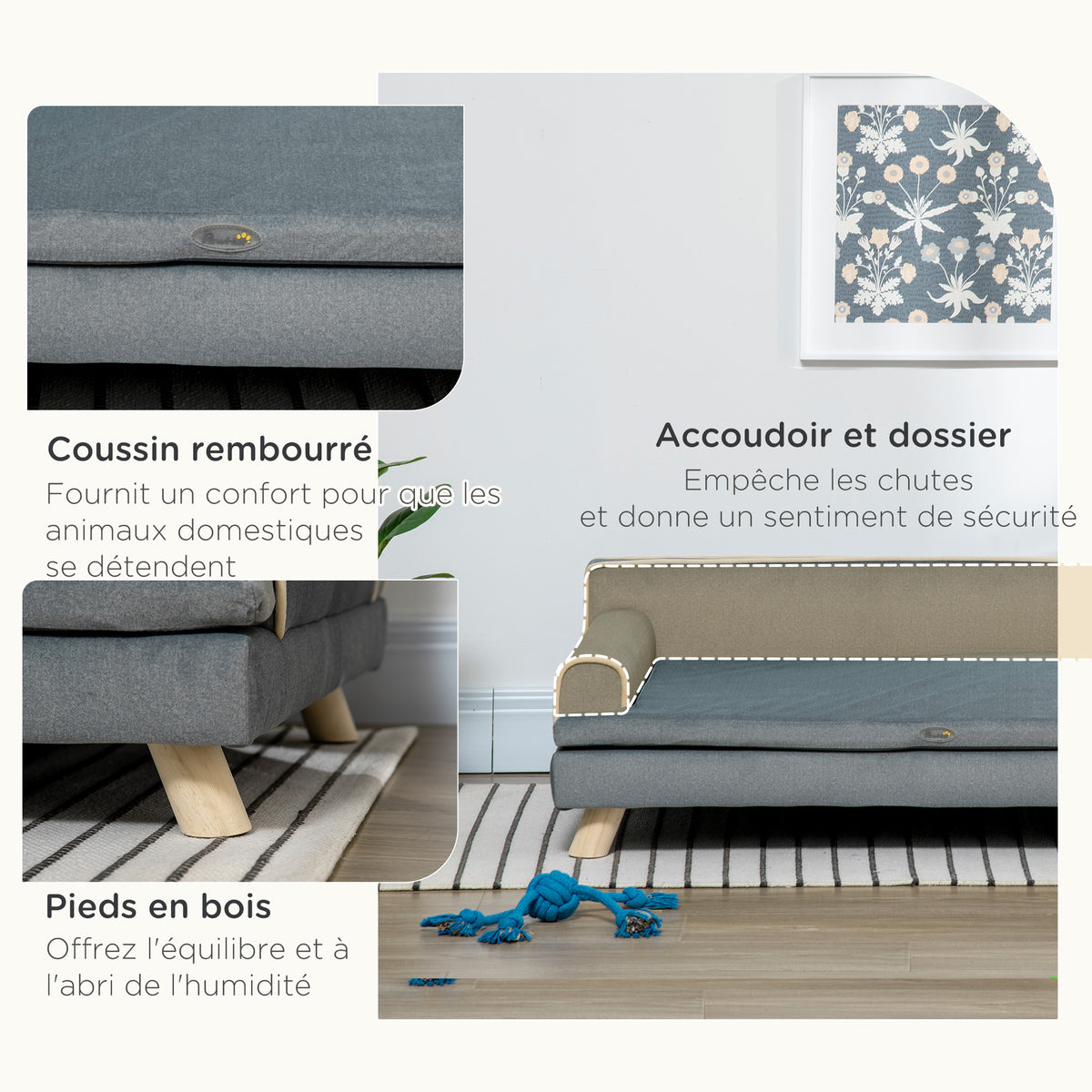 Canapé pour chien chat design scandinave coussin moelleux amovible pieds bois massif 100 x 62 x 32 cm gris-5