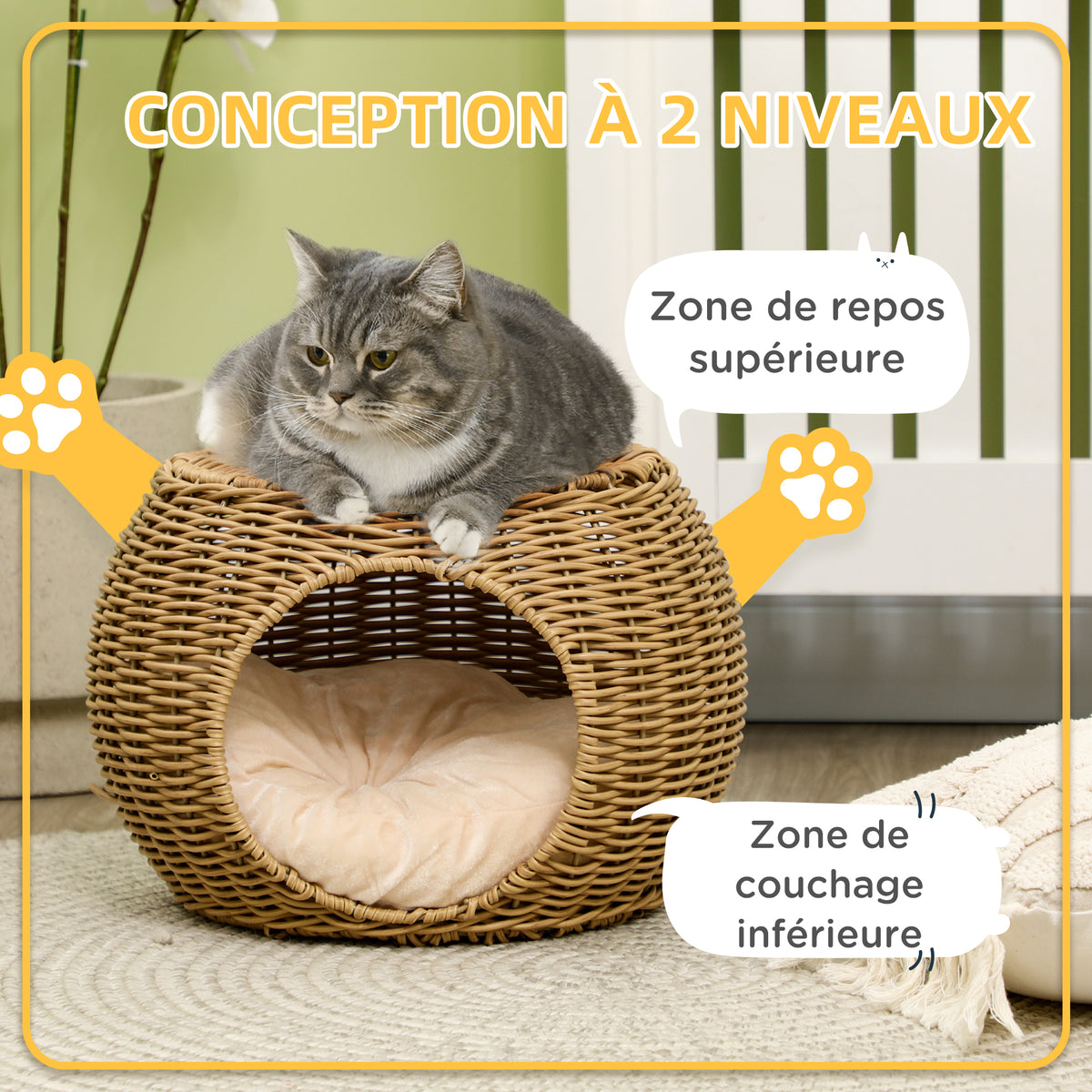 Niche panier maison pour chat 2 niveaux en résine tressée aspect rotin avec 1 coussin doux Ø 40 x 30 cm marron clair-4