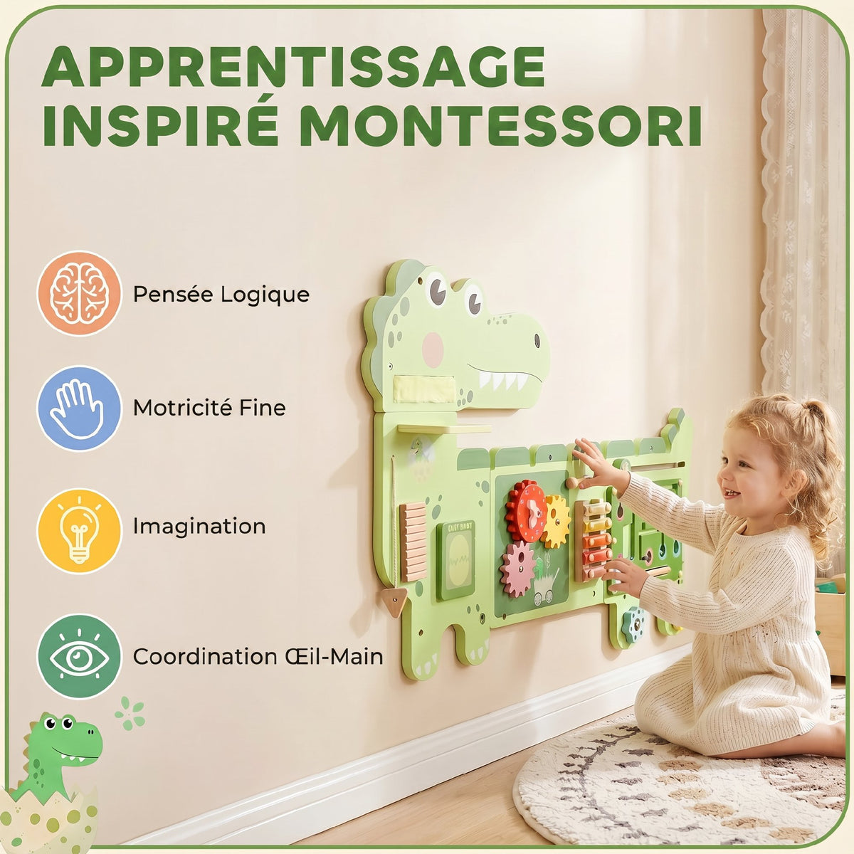 Busy Board Jouet, Tableau d'Activités Murale Dinosaure, Planche Motricité Bébé Educatif pour Garcon Fille 2+ Ans, Vert-4