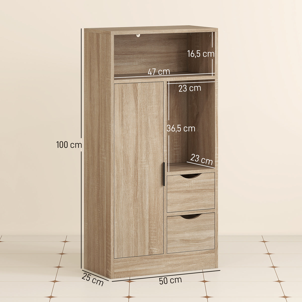 Meuble de salle de bain, meuble de rangement étroit avec 2 tiroirs, compartiments ouverts, 50x25x100cm, bois naturel-2