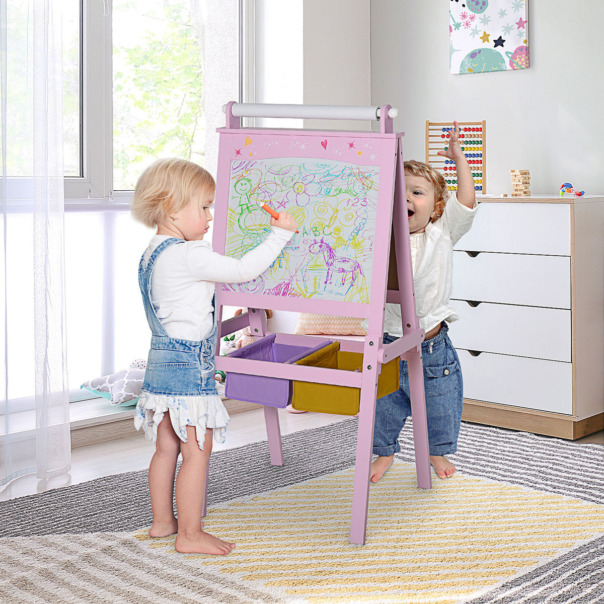 3 en 1 Tableau Enfant - chevalet Enfant - Ardoise Double Face - Tableau Blanc Tableau à Craie - Rouleau Papier avec accessoires + paniers Rangement intégrés - MDF Rose-1