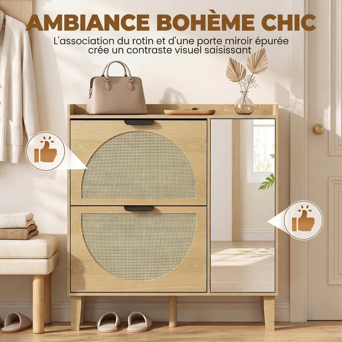 Meuble à Chaussures 10 Paires, Armoire à Chaussures, Porte en Miroir, 2 Tiroirs Rabattables et Étagères Réglables, Chêne-3