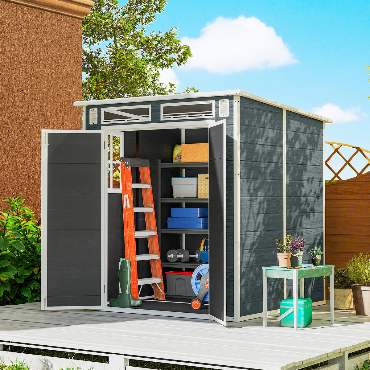 Abri de Jardin en Résine Cabanon de Rangement Double Porte 3 Fenêtres et 2 Aérations Anti-UV avec Plancher 3,3 m² Gris-9