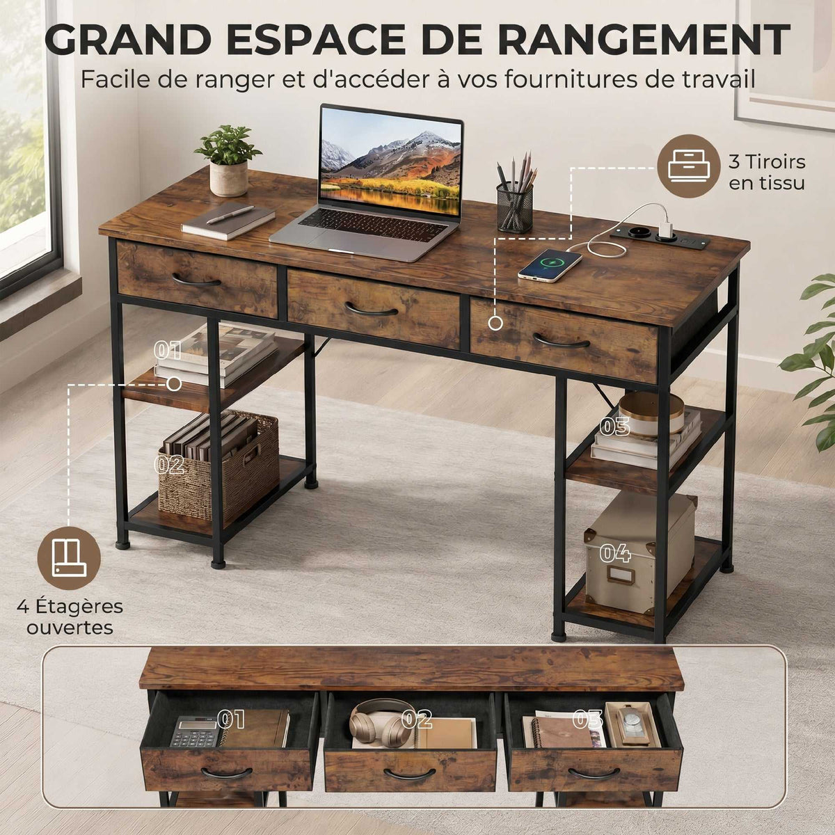 Bureau avec rangement avec prises de courant, 3 tiroirs en tissu et 4 étagères de rangement, 120 x 40 x 76 cm, marron-3