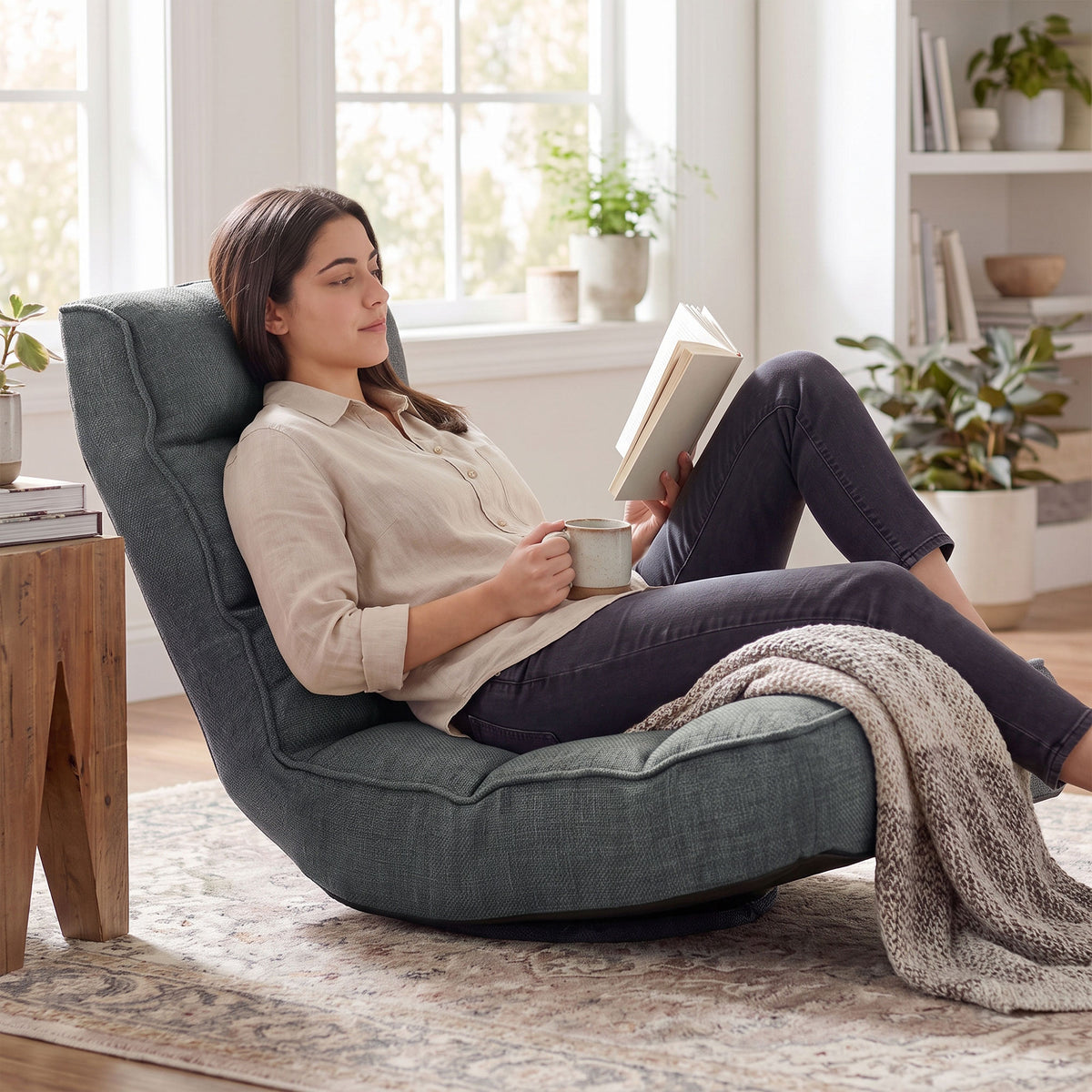 Fauteuil de sol pliable pivotant à 360°, chaise de sol rembourré avec dossier réglable en 5 positions, 58x107x79cm, gris-8