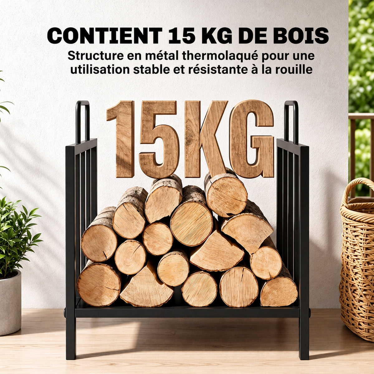 Range bûches Porte-bûches Etagère porte bois de cheminée charge max 15 Kg 44x33x46cm métal époxy noir-3