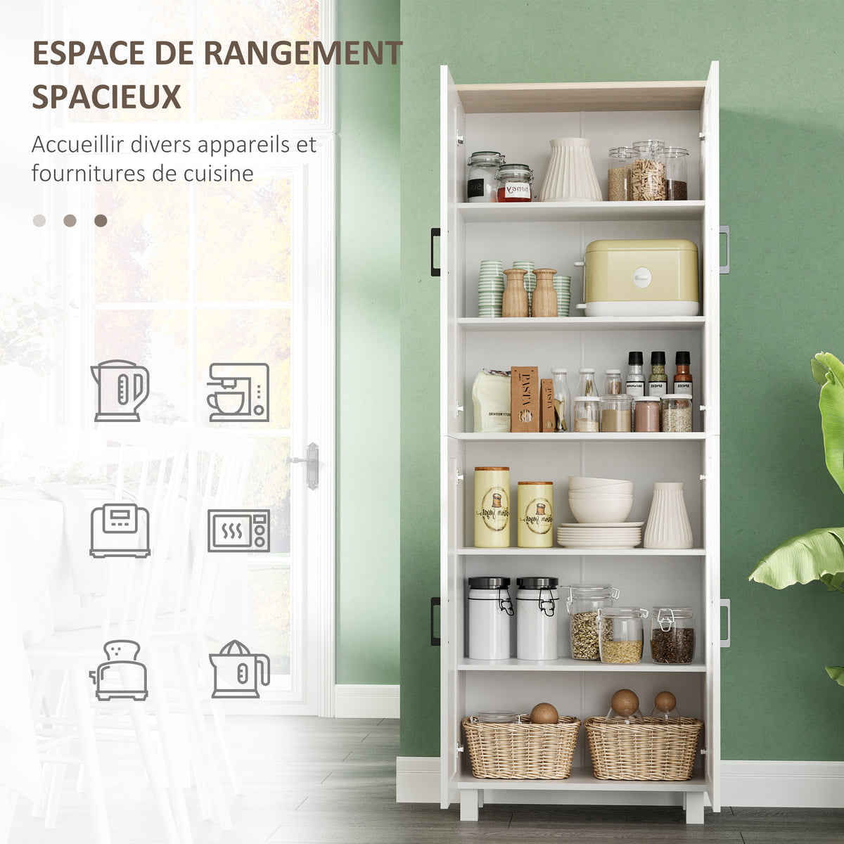 Armoire de cuisine hauteur 170 cm buffet haut avec 4 portes et étagères ajustable, design moderne, blanc-3