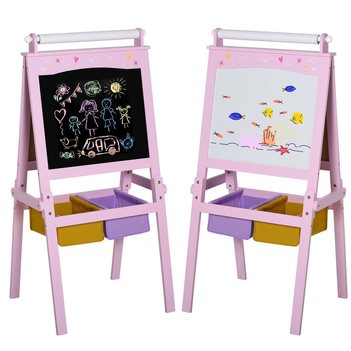 3 en 1 Tableau Enfant - chevalet Enfant - Ardoise Double Face - Tableau Blanc Tableau à Craie - Rouleau Papier avec accessoires + paniers Rangement intégrés - MDF Rose-0