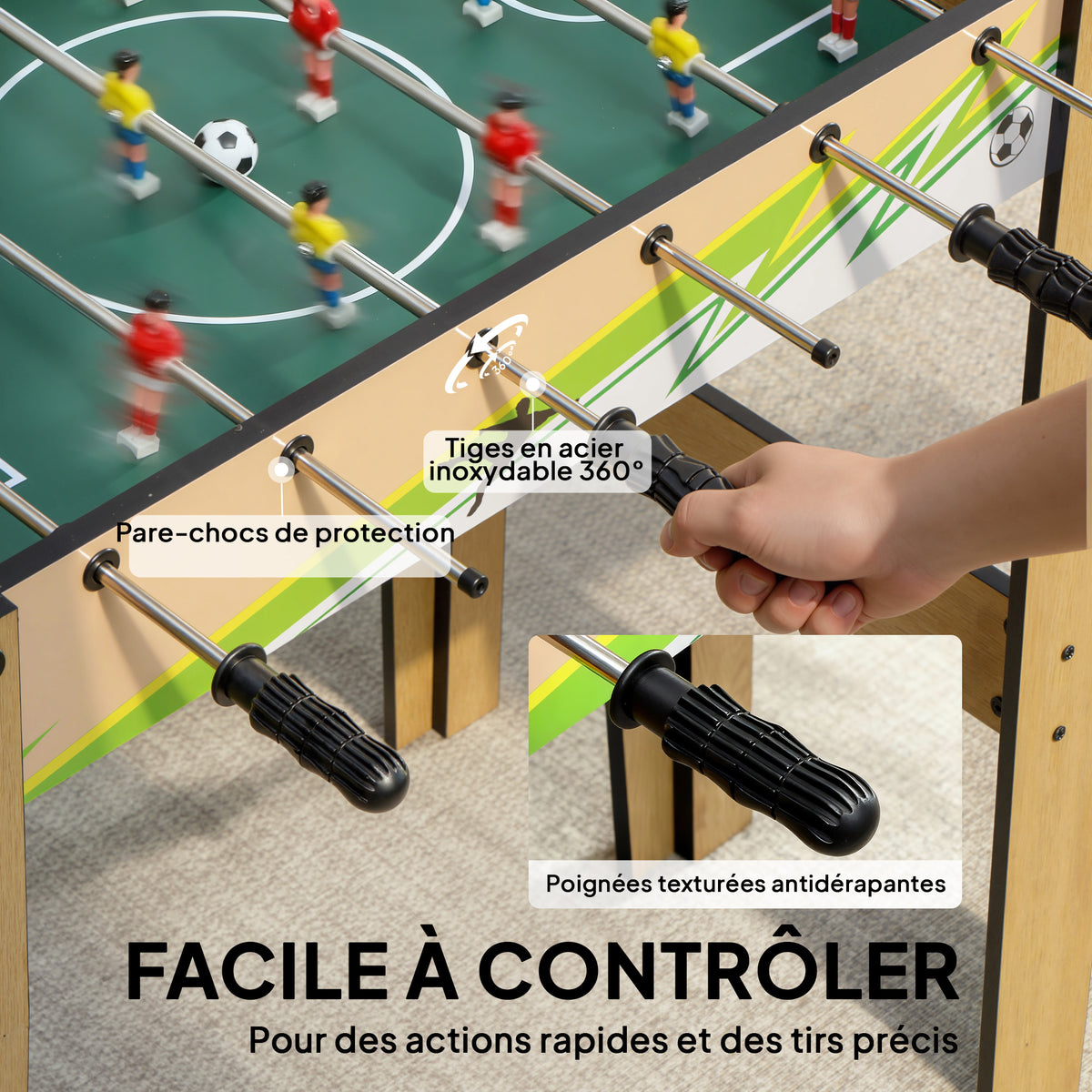 Baby-Foot Enfant 18 Joueurs 2 Balles, Barres 360°, Poignées Antidérapantes, Compteurs de Score, 75x66x75cm, Bois Naturel-4