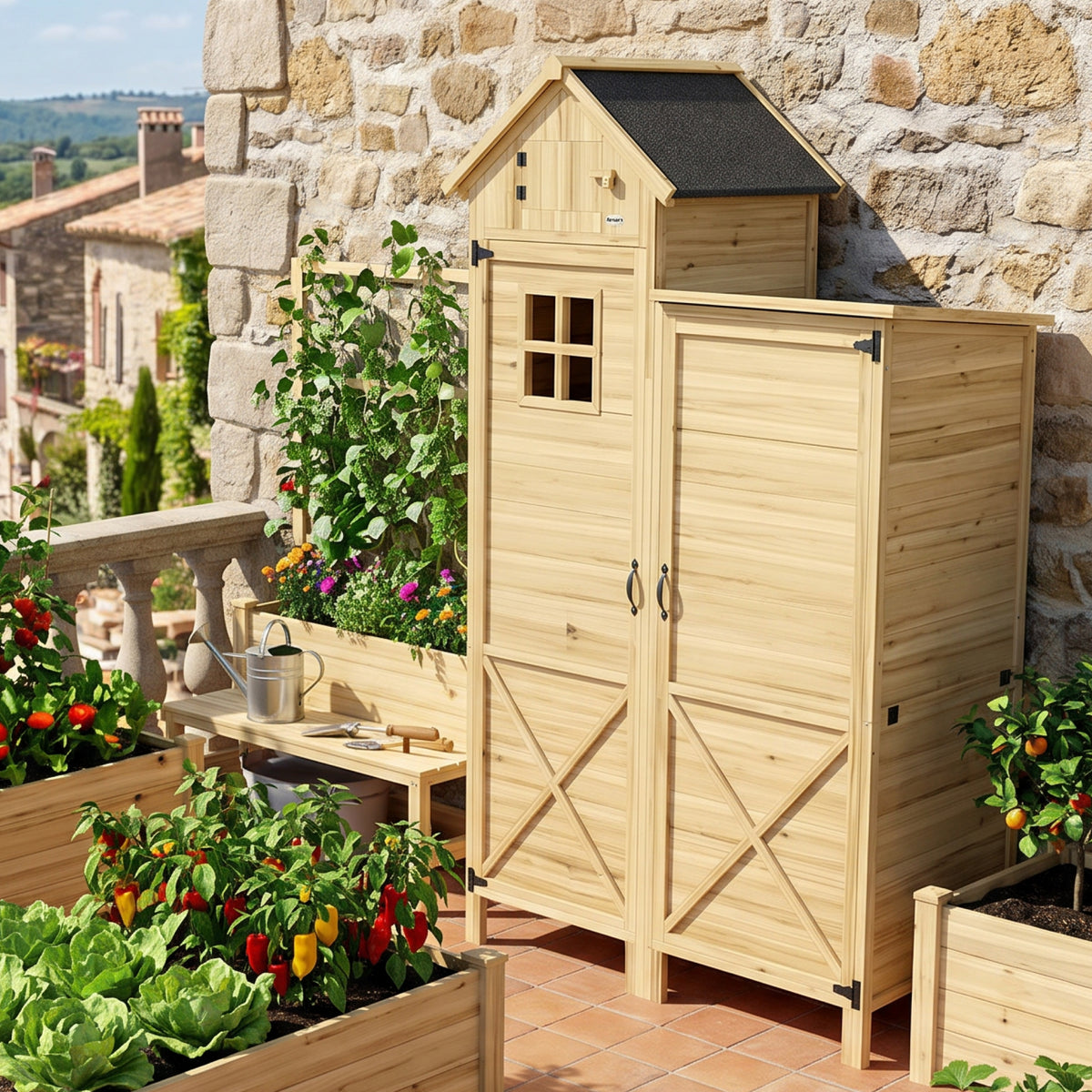 Armoire de Jardin en Bois Abri de Jardin Toit en Asphalte Double Zone et Étagères Amovibles 106x57x167cm Naturel-1