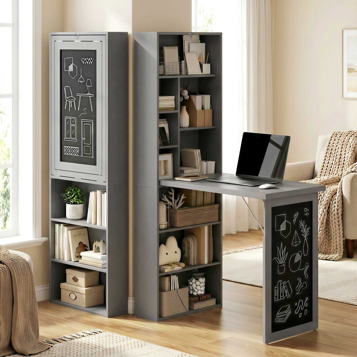 Bureau avec rangement pliable murale rabattable avec bibliothèque poste de travail tableau à craie et étagère réglable-9