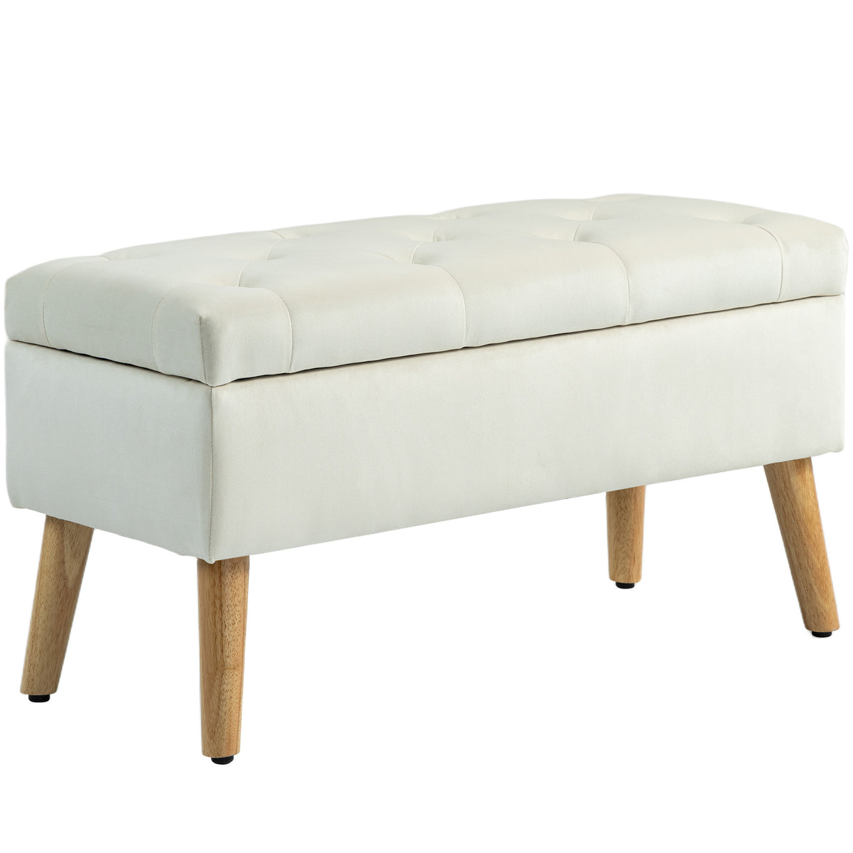 Banc de rangement coffre de rangement tissu effet velours pieds en bois charge max. 120 kg 80 x 35 x 42 cm, crème-0